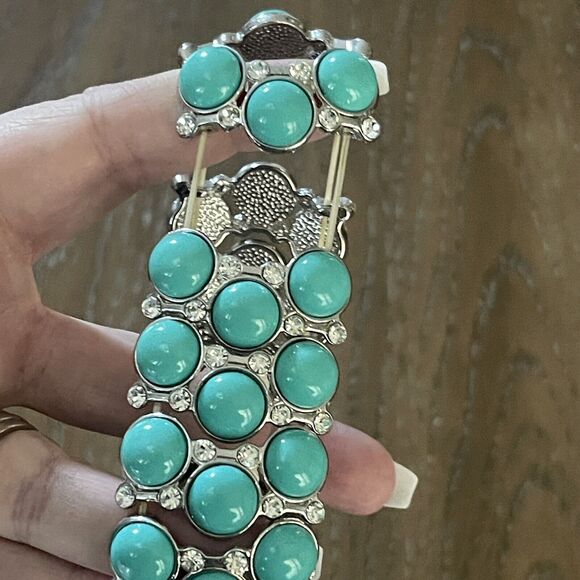 Faux Turquoise Silver Rhinestone Bracelet Women One Size Stretch Aztec Fashion - Picture 4 of 5